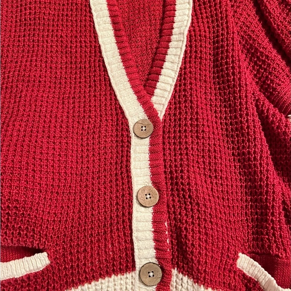 Free People Women's Red Cream Chelsea Front Pocket Cardigan NWOT L #2001